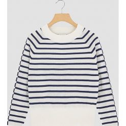 Sweter w kolorze granatowo-białym. Niebieskie swetry damskie Rodier, l, w paski, z wełny, klasyczne, bez rękawów, bez kaptura. W wyprzedaży za 126,95 zł.