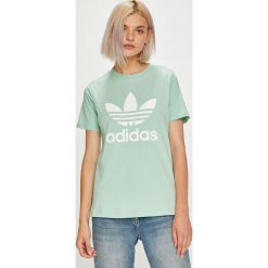 Adidas Originals - Top. Zielone topy damskie marki adidas Originals, z nadrukiem, z bawełny, z okrągłym kołnierzem. W wyprzedaży za 99,90 zł.