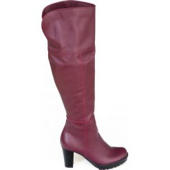 Kozaki za kolano - skóra naturalna - model 185 - kolor bordowy. Czerwone kozaki damskie Zapato, na randkę, na zimę, z dzianiny, klasyczne, przed kolano, na wysokim obcasie, na obcasie, bez zapięcia. W wyprzedaży za 367,50 zł.