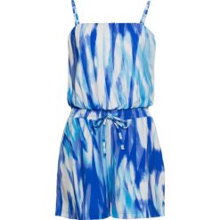 Krótki kombinezon z dekoltem bandeau bonprix niebiesko-biały z nadrukiem. Niebieskie kombinezony damskie bonprix, z nadrukiem, bez kołnierzyka, z krótkim rękawem, krótkie. Za 84,99 zł.
