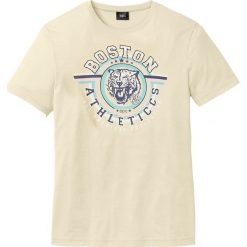 T-shirt ze specjalnym krojem na wys. brzucha bonprix waniliowy z nadrukiem. Żółte koszulki męskie bonprix, s, z nadrukiem, bez kołnierzyka. Za 37,99 zł.