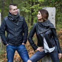 Szal wełniany ze skórą, Komin Unisex - prążek. Szare szaliki damskie marki Panapufa, na zimę, z materiału. Za 129,00 zł.