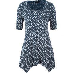Shirt z dłuższymi bokami, krótki rękaw bonprix ciemnoniebieski z nadrukiem. Niebieskie koszulki damskie bonprix, z nadrukiem, bez kołnierzyka, z krótkim rękawem. Za 44,99 zł.