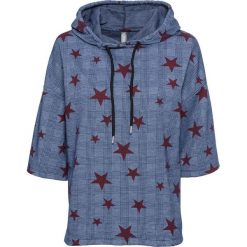 Bluza z nadrukiem i kapturem bonprix kobaltowo-ciemnoczerwony. Niebieskie bluzy damskie bonprix, z nadrukiem, bez rękawów. Za 44,99 zł.