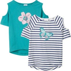 T-shirt z wycięciami na ramionach (2 szt.) bonprix niebieski w paski + zielony morski. Niebieskie bluzki dziewczęce bonprix, w paski, bez kołnierzyka, bez rękawów, bez kaptura. Za 59,98 zł.