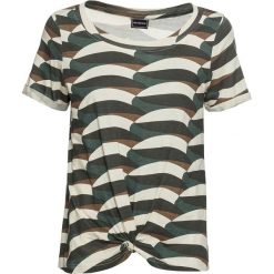 Shirt z przewiązaniem bonprix zielony eukaliptusowy z nadrukiem. Zielone koszulki damskie marki bonprix, z nadrukiem, bez kołnierzyka, bez rękawów. Za 59,99 zł.