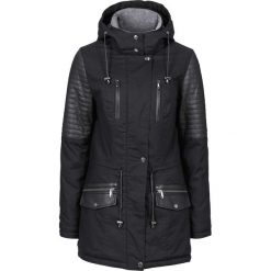 Kurtka parka z wstawkami ze sztucznej skóry bonprix czarny. Czarne kurtki damskie bonprix, z materiału. Za 269,99 zł.