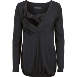 Shirt ciążowy i do karmienia, z koronkową wstawką, długi rękaw bonprix czarny. Czarne bluzki ciążowe bonprix, bez wzorów, z koronki, bez kołnierzyka, z długim rękawem. Za 74,99 zł.