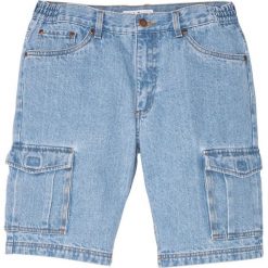 Bermudy dżinsowe bojówki Regular Fit, z elastycznymi wstawkami po bokach w talii bonprix niebieski "bleached”. Niebieskie jeansy męskie bonprix, m, bez wzorów, z jeansu. Za 79,99 zł.