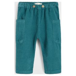 Mango Kids - Spodnie dziecięce 62-80 cm. Zielone spodnie chłopięce Mango Kids, bez wzorów, z bawełny. Za 69,90 zł.