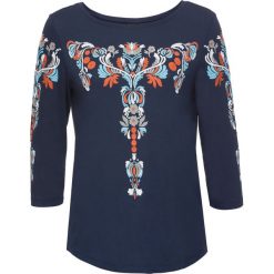 Shirt bonprix ciemnoniebieski z nadrukiem. Niebieskie koszulki damskie bonprix, z nadrukiem, z dzianiny, etno, bez kołnierzyka, bez rękawów. Za 37,99 zł.