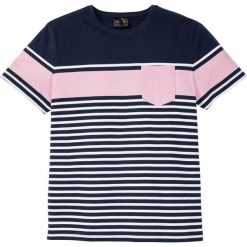 T-shirt w paski bonprix ciemnoniebiesko-biało-kryształowy jasnoróżowy w paski. Niebieskie koszulki męskie bonprix, xxl, w paski, bez kołnierzyka, bez rękawów. Za 59,99 zł.