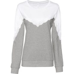 Bluza z koronką bonprix biel wełny - jasnoszary melanż. Białe bluzy damskie bonprix, w koronkowe wzory, z koronki. Za 74,99 zł.