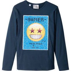 Shirt chłopięcy z długim rękawem i motywem EMOJI z obracanych cekinów bonprix ciemnoniebieski. Niebieskie t-shirty chłopięce bonprix, z aplikacjami, z długim rękawem. Za 54,99 zł.