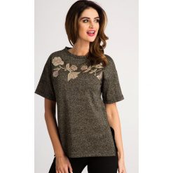 Złoty T-shirt ze Skórzanymi Naszywkami 21047. Żółte t-shirty damskie Fasardi, m, z aplikacjami. Za 39,00 zł.