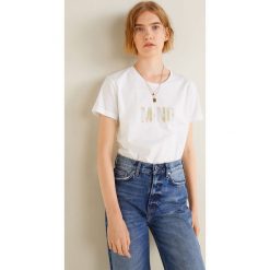 Mango - Top Pure. Białe topy damskie marki Mango, l, z aplikacjami, z bawełny, z okrągłym kołnierzem. W wyprzedaży za 39,90 zł.