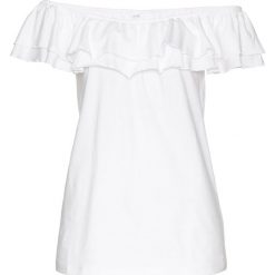 Shirt z falbanami bonprix biały. Białe koszulki damskie bonprix, bez wzorów, z podwójnym kołnierzykiem. Za 44,99 zł.