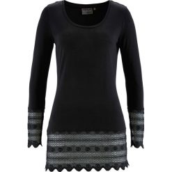 Długi shirt z koronką bonprix czarny. Czarne koszulki damskie bonprix, w koronkowe wzory, z koronki, z okrągłym kołnierzem, z długim rękawem. Za 74,99 zł.