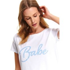 T-shirt damski z nadrukiem. Białe t-shirty damskie DRYWASH, z nadrukiem, klasyczne, z okrągłym kołnierzem. W wyprzedaży za 24,99 zł.