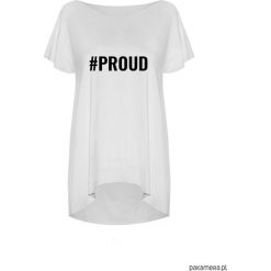 Biały T-shirt z napisem. Białe t-shirty damskie Pakamera, z napisami, z klasycznym kołnierzykiem. Za 169,00 zł.