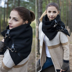 Szal wełniany ze skórą, Unisex - Rockowy Czarny. Czarne szaliki damskie Pakamera, ze skóry. Za 139,00 zł.