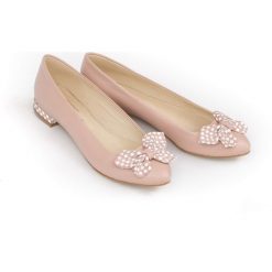 Balerinki z ozdobną kokardą - skóra naturalna - model 048 - kolor różowy + różowe kwadraty. Różowe baleriny damskie Zapato, bez wzorów, ze skóry, bez obcasa. Za 299,00 zł.