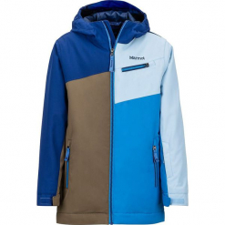 Kurtka narciarska "Tunder Jacket" w kolorze oliwkowo-błękitno-niebieskim. Brązowe kurtki chłopięce Marmot Kids, z materiału. W wyprzedaży za 302,95 zł.