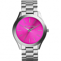 Zegarek kwarcowy "Slim Runway" w kolorze srebrno-różowym. Białe zegarki damskie marki Michael Kors, ze stali. W wyprzedaży za 367,95 zł.