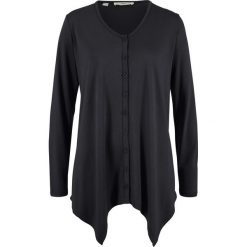 Sweter rozpinany z dłuższymi bokami bonprix czarny. Czarne swetry damskie bonprix, bez wzorów, bez rękawów, bez kaptura. Za 74,99 zł.