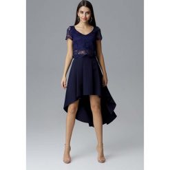 Granatowa Dwuczęściowy Zestaw Koronkowa Bluzka + Asymetryczna Spódnica. Niebieskie bluzki damskie Molly.pl, s, bez wzorów, z koronki, eleganckie, krótkie, mini, asymetryczne. Za 299,90 zł.