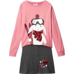 Shirt z długim rękawem + spódniczka (2 części) bonprix dymny jasnoróżowy - antracytowy melanż. Różowe spódniczki dziewczęce marki bonprix, z nadrukiem, długie, rozkloszowane. Za 64,99 zł.