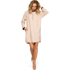 Beżowa Codzienna Sukienka Oversize z Suwakami. Brązowe sukienki damskie Molly.pl, na co dzień, s, bez wzorów, casualowe, bez kołnierzyka, bez rękawów, proste. Za 139,90 zł.