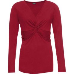 Shirt z długim rękawem i przewiązaniem bonprix czerwony. Czerwone koszulki damskie marki bonprix, bez wzorów, biznesowe, z dekoltem w serek, z długim rękawem. Za 54,99 zł.