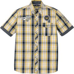 Koszula w kratę z krótkim rękawem bonprix złocisto-żółty w kratę. Żółte koszule męskie bonprix, xl, z nadrukiem, bez kołnierzyka, z krótkim rękawem. Za 89,99 zł.