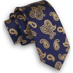 Granatowy Elegancki Krawat Męski -ALTIES- 6 cm, w Złoty Wzór Paisley, Łezki KRALTS0289. Niebieskie krawaty męskie Alties, bez wzorów, z tkaniny, eleganckie. Za 40,00 zł.