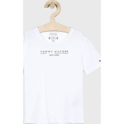 Tommy Hilfiger - Top. Niebieskie bluzki dziewczęce TOMMY HILFIGER, z nadrukiem, z bawełny, z okrągłym kołnierzem, z krótkim rękawem, krótkie, bez kaptura. Za 89,90 zł.