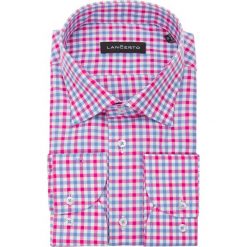 Koszula w Kratę Blurosa. Różowe koszule męskie LANCERTO, m, bez wzorów, z bawełny, eleganckie, bez kołnierzyka, bez rękawów. W wyprzedaży za 139,90 zł.