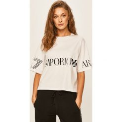 EA7 Emporio Armani - T-shirt. Czarne bluzki damskie EA7 Emporio Armani, s, z nadrukiem, z elastanu, z okrągłym kołnierzem. Za 329,90 zł.