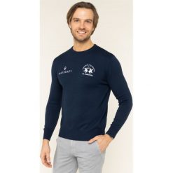 Sweter La Martina Tricot OMSM33 YW025. Niebieskie swetry męskie La Martina, m, bez wzorów, z bawełny, klasyczne, z klasycznym kołnierzykiem, bez kaptura. W wyprzedaży za 389,00 zł.