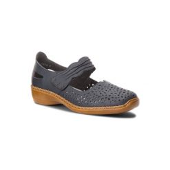 RIEKER 41399-14. Niebieskie półbuty damskie Rieker, bez wzorów, ze skóry, bez obcasa, bez zapięcia. Za 259,99 zł.