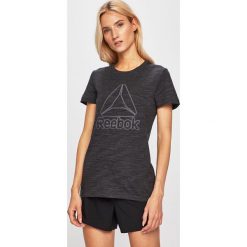 Reebok - T-shirt. Czarne t-shirty damskie Reebok, s, z nadrukiem, z bawełny, z okrągłym kołnierzem. W wyprzedaży za 79,90 zł.
