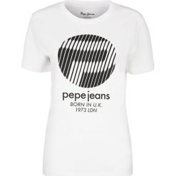 T- shirt Pepe Jeans. Białe koszulki damskie Pepe Jeans, z nadrukiem, z jeansu, klasyczne, z klasycznym kołnierzykiem, bez rękawów. Za 69,00 zł.