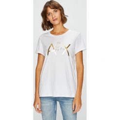 Armani Exchange - Top. Szare topy damskie Armani Exchange, l, z nadrukiem, z bawełny, z okrągłym kołnierzem. Za 219,90 zł.
