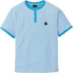 Shirt z dekoltem henley bonprix turkusowo-biały melanż. Niebieskie koszulki męskie bonprix, s, z aplikacjami, bez kołnierzyka, bez rękawów. Za 54,99 zł.