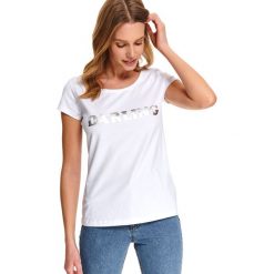 T-shirt damski z naprintowanym napisem o dopasowanym kroju. Białe t-shirty damskie DRYWASH, z napisami, wakacyjne, bez kołnierzyka. W wyprzedaży za 29,99 zł.