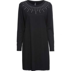 Sukienka dresowa ze sztrasami bonprix czarny. Czarne sukienki damskie bonprix, z aplikacjami, z dresówki, bez kołnierzyka, bez rękawów. Za 89,99 zł.