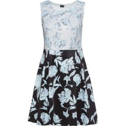 Sukienka shirtowa z nadrukiem bonprix czarno-niebiesko-biel wełny z nadrukiem. Czarne sukienki damskie bonprix, na lato, z nadrukiem, z wełny, z okrągłym kołnierzem, bez rękawów. Za 54,99 zł.