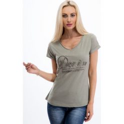 Khaki t-shirt z koralikami 8208. Brązowe t-shirty damskie marki Fasardi, l. Za 19,00 zł.