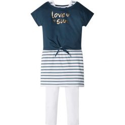 Shirt "boxy" + sukienka + legginsy (3 części) bonprix ciemnoniebiesko-biało-złoty. Niebieskie legginsy dziewczęce bonprix, z długim rękawem, długie. Za 37,99 zł.