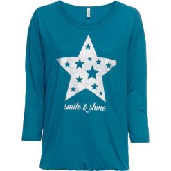 Shirt z połyskującym nadrukiem bonprix kobaltowo-turkusowy. Niebieskie koszulki damskie marki bonprix, z nadrukiem, z okrągłym kołnierzem, bez rękawów. Za 29,99 zł.